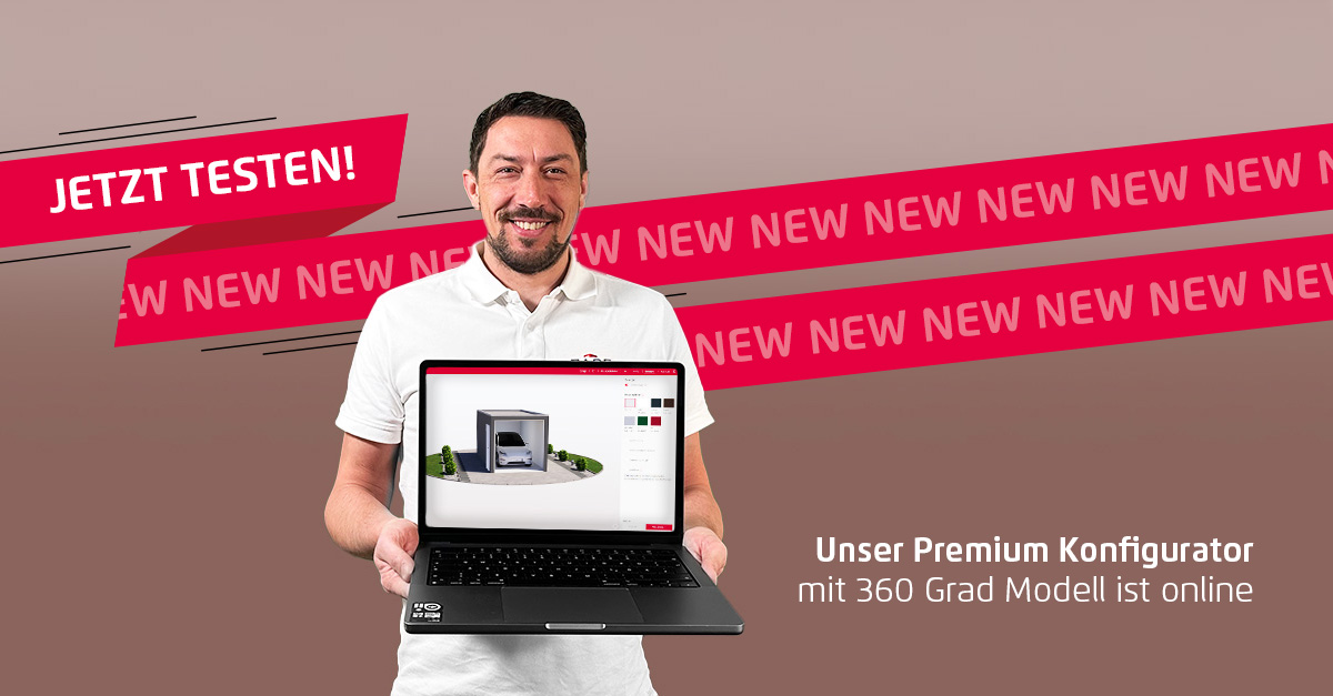 erson zeigt den ersten Garagen-Konfigurator mit 360 Grad Modell auf einem Laptop – jetzt testen!