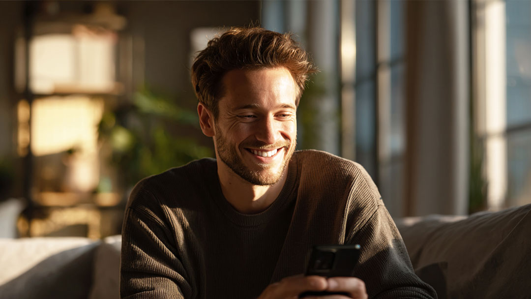 Junger Mann sitzt lächelnd auf dem Sofa und schaut auf sein Smartphone im Sonnenlicht.