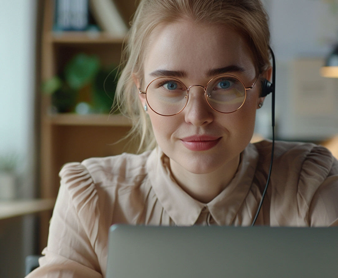 Blonde Frau mit runder Brille die ein Headset trägt blickt über ein Notebook