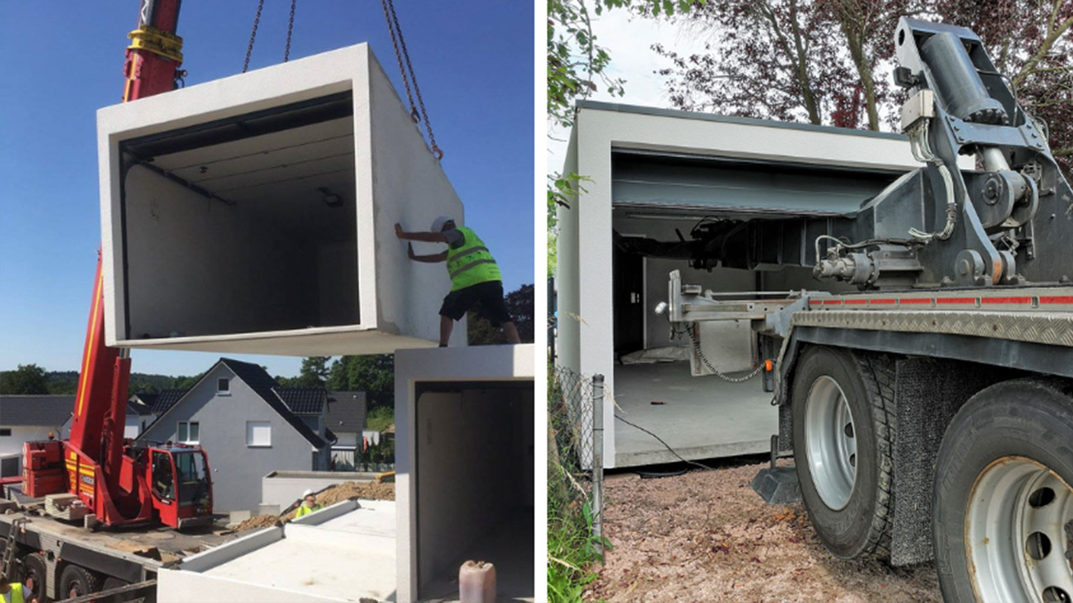 Zweiteiliges Bild zeigt Garagenmontage mit Kran sowie Lkw-Anlieferung einer Fertiggarage – Aufbauphase im Neubaugebiet.