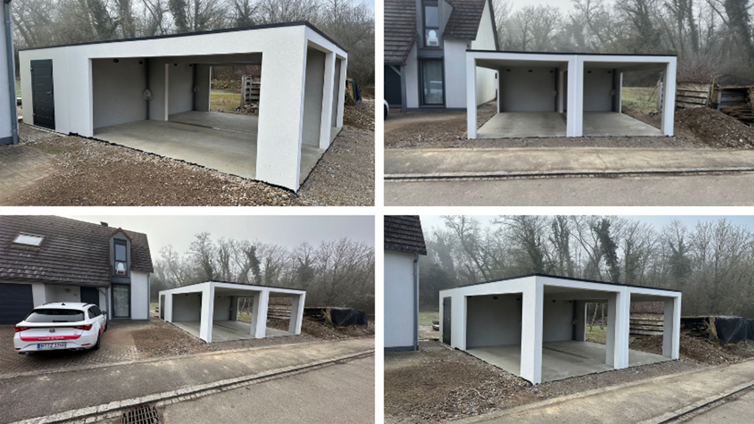 Mehrbild-Collage eines weißen Carports mit zwei offenen Stellplätzen und Geräteraum – verschiedene Perspektiven aus Wohngebiet.