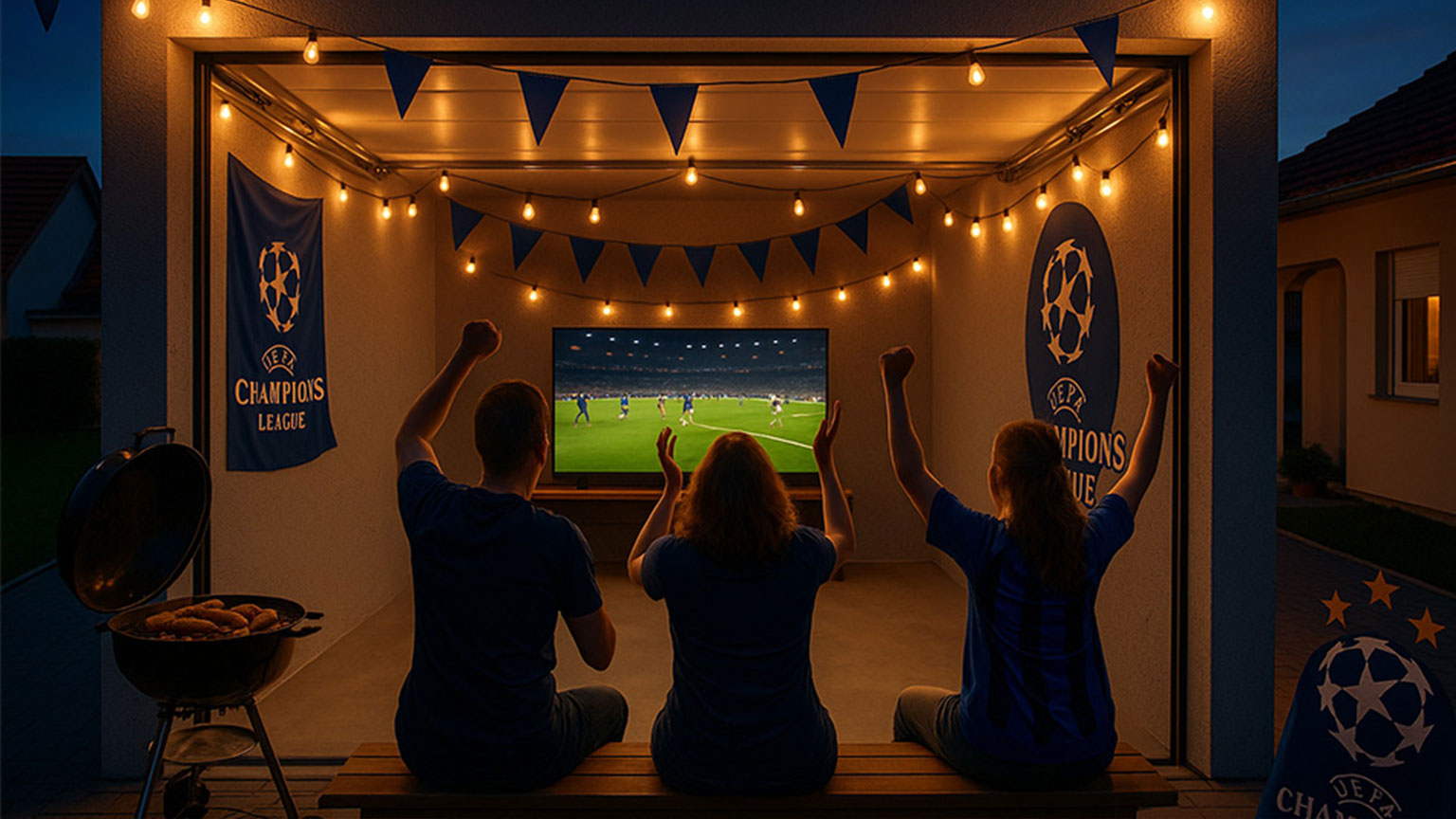 Drei Fußballfans feiern beim Champions-League-Schauen in festlich beleuchteter Garage mit großer Leinwand und Dekoration.