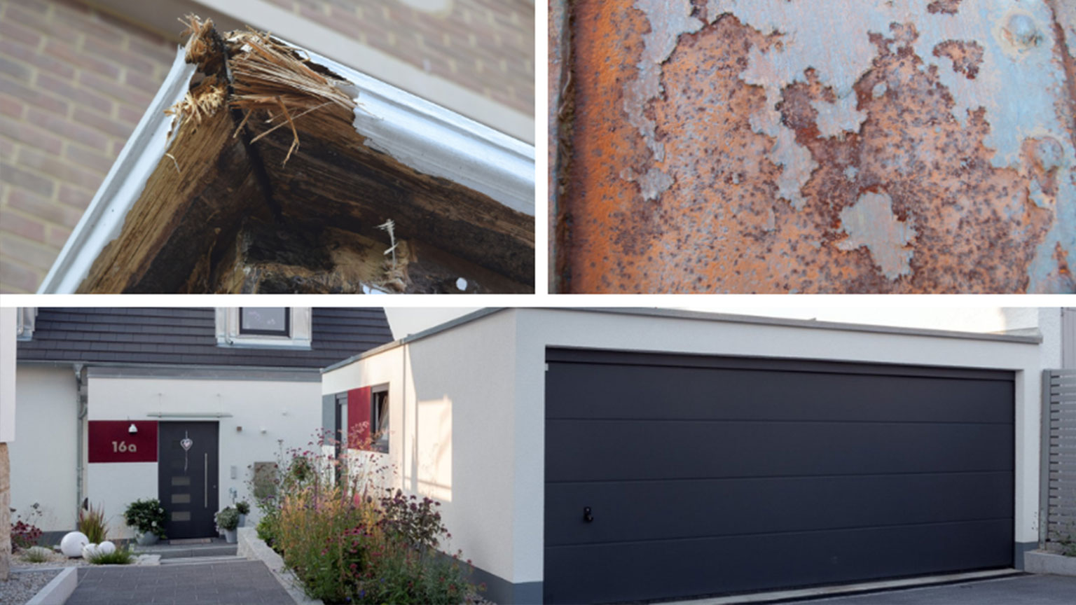Collage zeigt verwittertes Holz, verrostetes Metall und eine moderne Betonfertiggarage – Materialvergleich und -qualität.