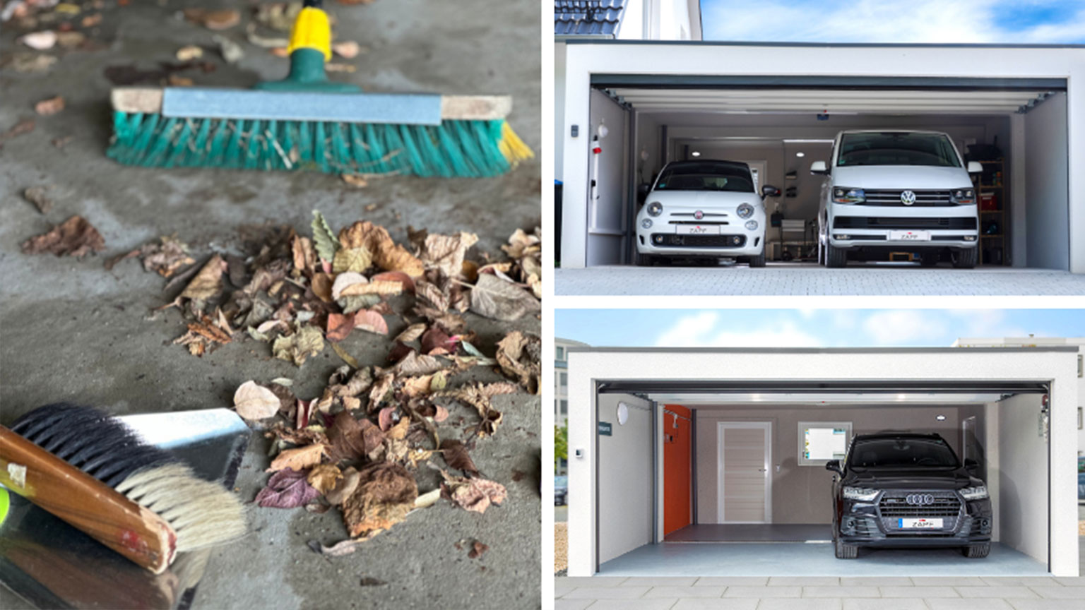 Dreiteilige Collage mit Laubkehrung und drei modernen Fertiggaragen – Kombination aus Reinigung, Ordnung und Fahrzeugschutz.