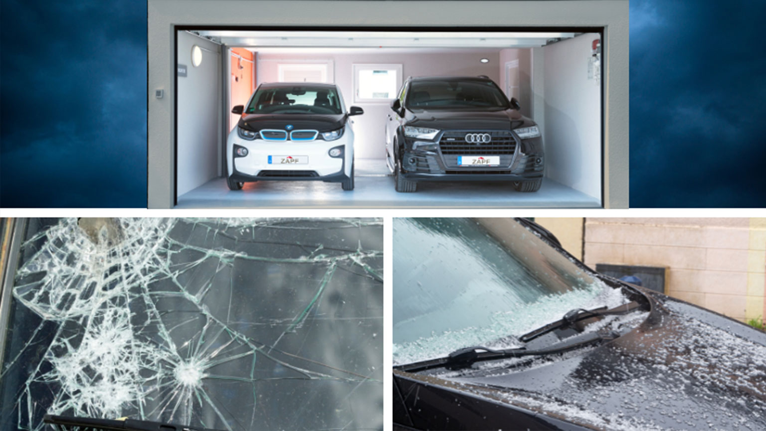 Zweiteilige Bildcollage: Oben geschützte Fahrzeuge in einer Garage, unten beschädigte Autoscheiben durch Hagel – Sicherheit durch Fertiggarage.
