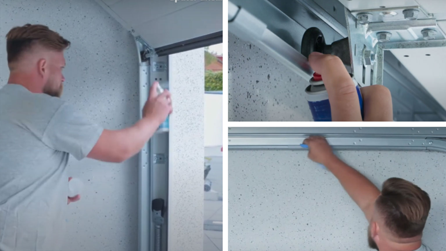 Collage mit drei Bildern: Schmierung von Garagentoren und technische Wartung – Tipps zur Garagenpflege.