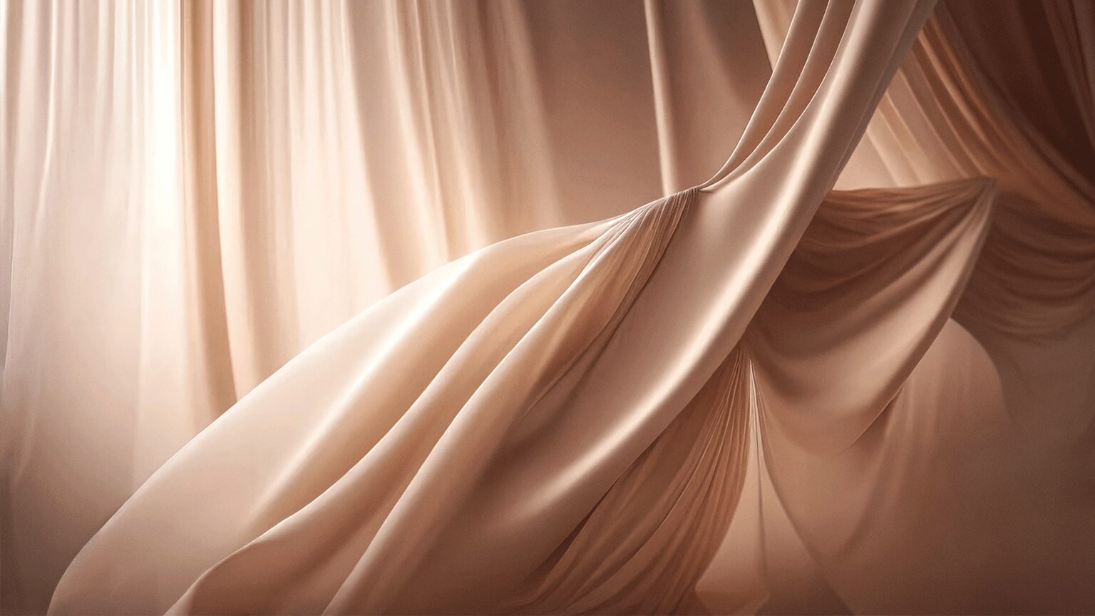 Elegante Vorhangstruktur in sanften Nude-Tönen, mit fließenden Falten und zarter Lichtreflexion in weichem Ambiente.