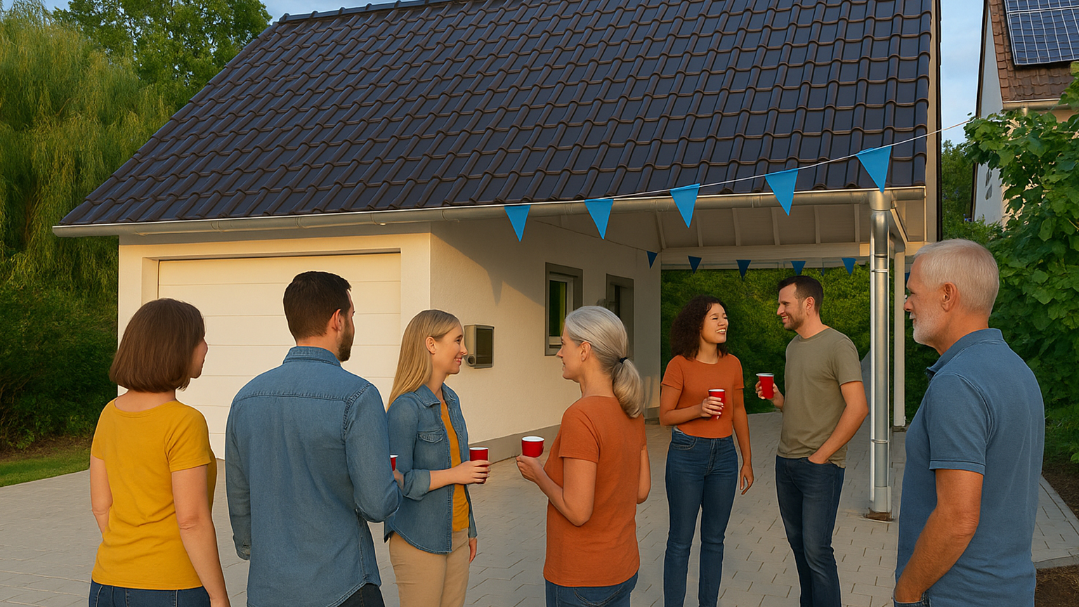 Menschen unterhalten sich bei einem Sommerfest vor einer modernen Garage mit Satteldach und Wimpelgirlande.