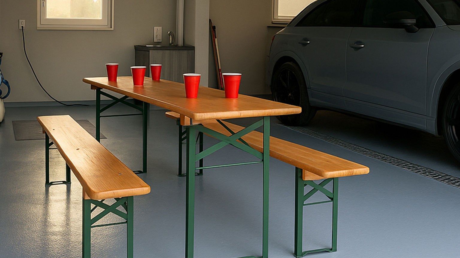 Biertischgarnitur mit roten Bechern in aufgeräumter Garage neben geparktem Auto – Vorbereitung für eine Feier.