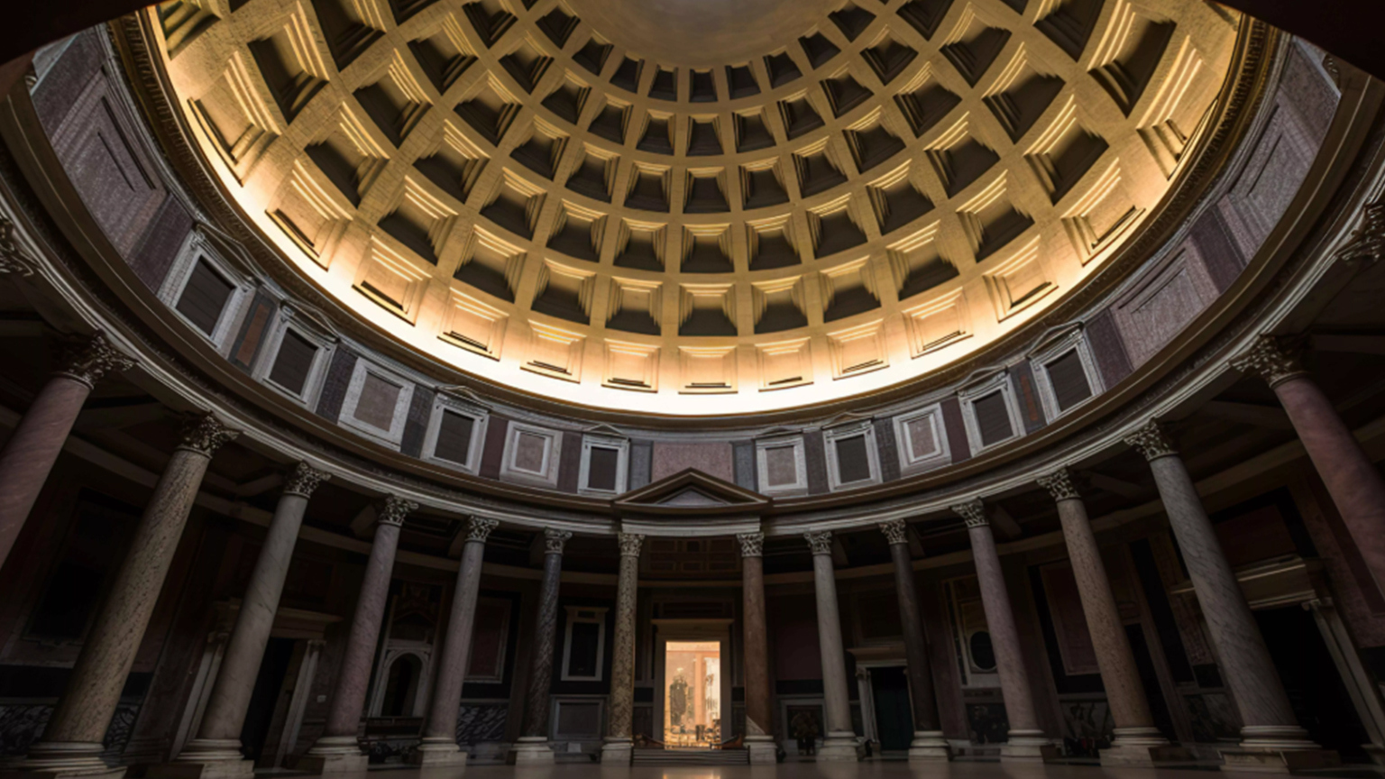 Innenansicht der Kuppel des Pantheon in Rom mit Kassettendecke und umlaufenden Marmorsäulen.