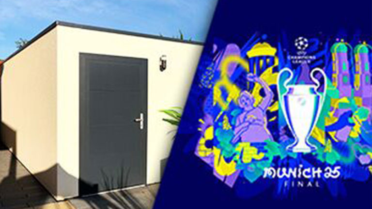 Garage individuel moderne avec porte latérale combiné avec un graphique coloré sur la finale de la Ligue des Champions 2025 à Munich.