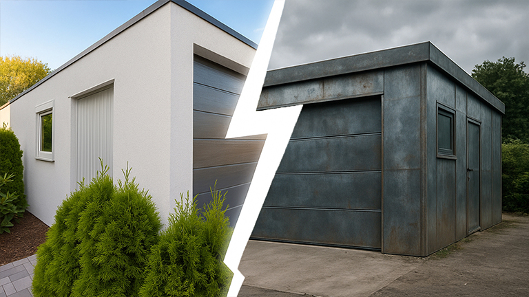 Zweiteiliger Bildvergleich: Links eine moderne, helle Betonfertiggarage mit Flachdach und gepflegtem Garten im Vordergrund, rechts eine dunkle, rostige Blechgarage mit schlichtem Design und trübem Himmel – getrennt durch einen grafischen Blitz in der Bildmitte, der den Kontrast symbolisiert.