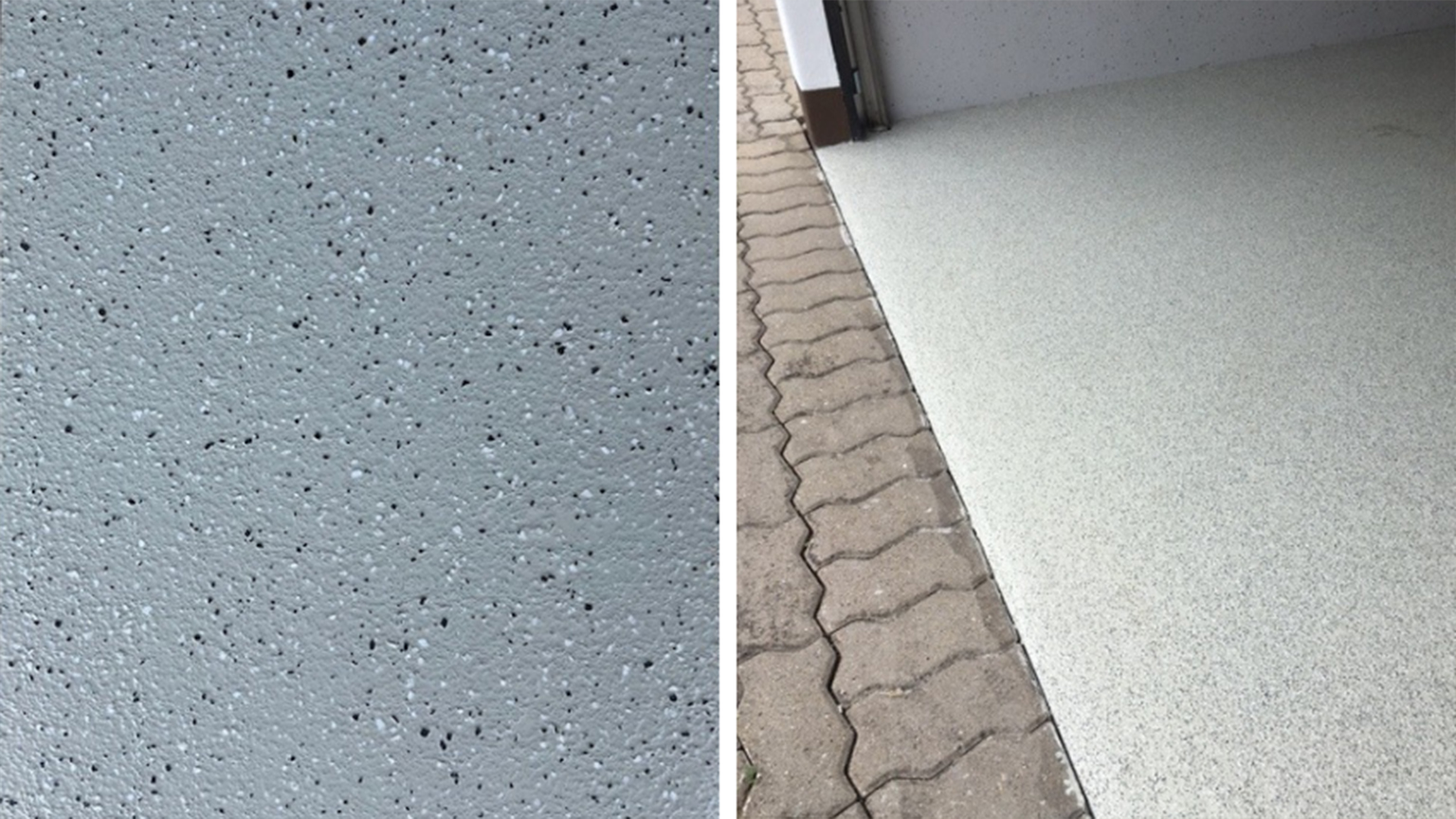Detailaufnahme einer fertigen Garagenbodenbeschichtung mit glatter, grauer Oberfläche.