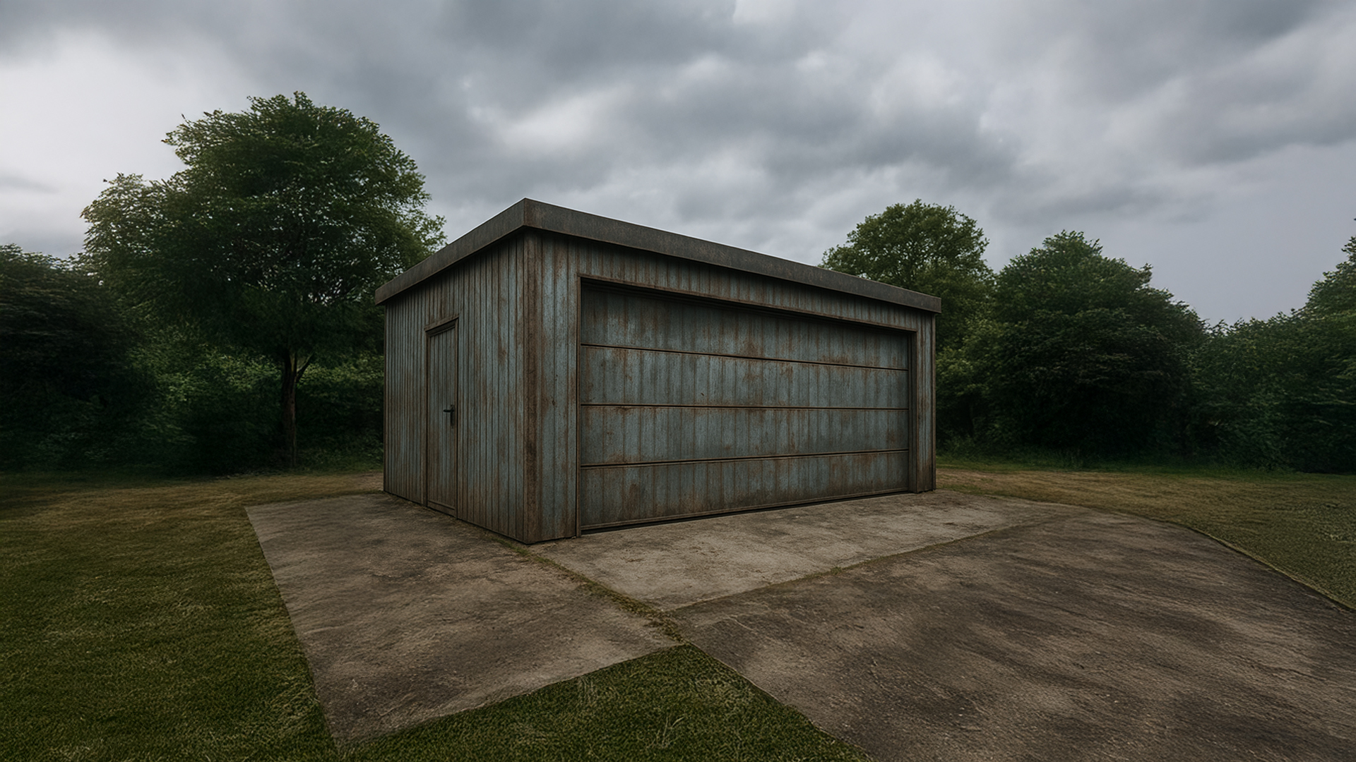 Alte, rostige Blechgarage mit Flachdach inmitten einer grünen, bewaldeten Umgebung unter einem grauen, wolkenverhangenen Himmel. Der Betonboden wirkt rissig und verwittert, was den insgesamt vernachlässigten Eindruck der Garage verstärkt.
