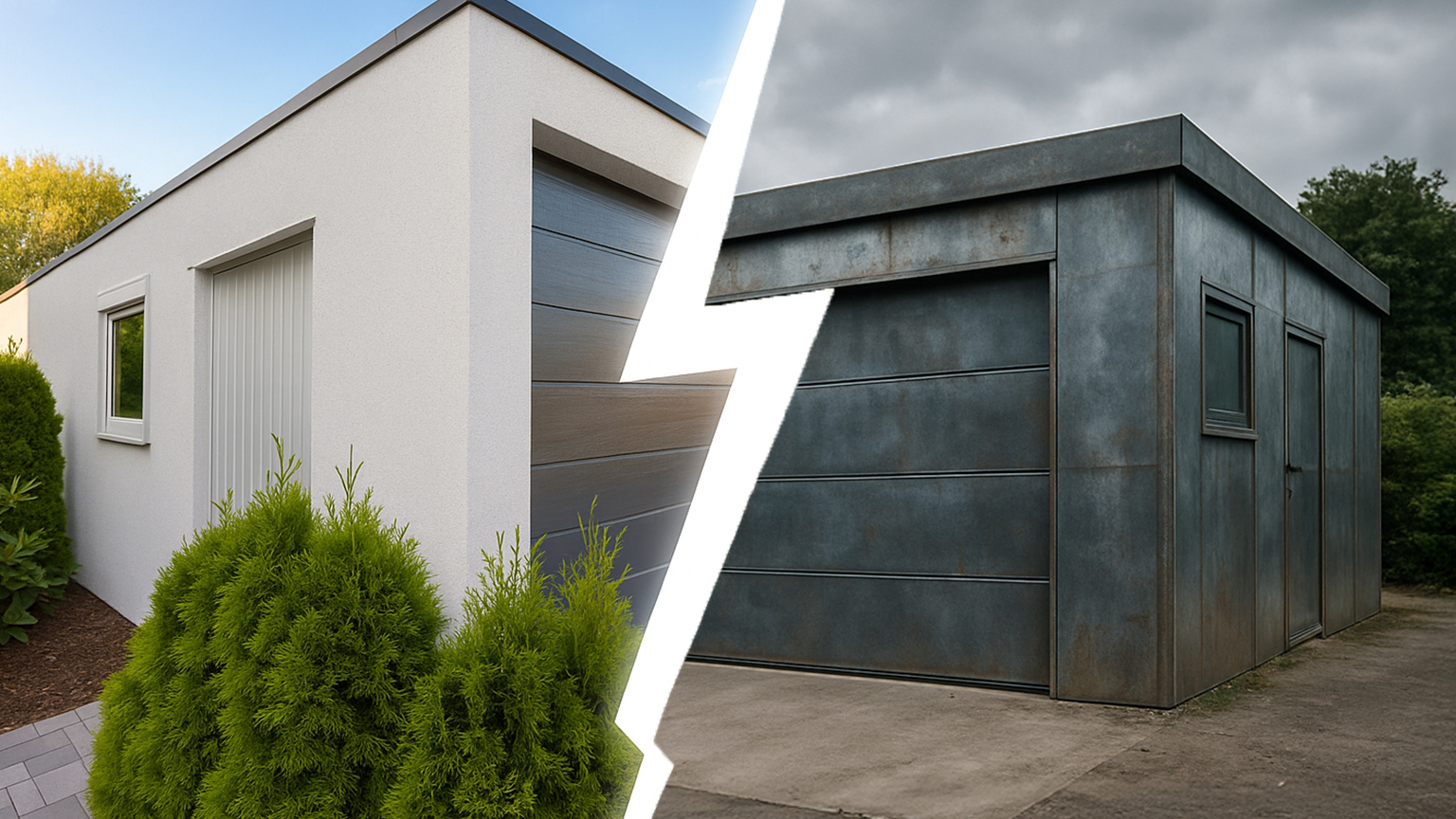 Zweiteiliger Bildvergleich: Links eine moderne, helle Betonfertiggarage mit Flachdach und gepflegtem Garten im Vordergrund, rechts eine dunkle, rostige Blechgarage mit schlichtem Design und trübem Himmel – getrennt durch einen grafischen Blitz in der Bildmitte, der den Kontrast symbolisiert.