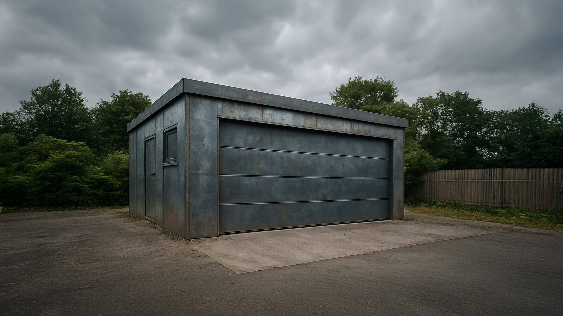 Moderne Garage mit Pultdach und glatter, dunkler Metalloptik auf einem asphaltierten Stellplatz. Im Hintergrund sind Bäume und ein Holzzaun unter bewölktem Himmel zu sehen.