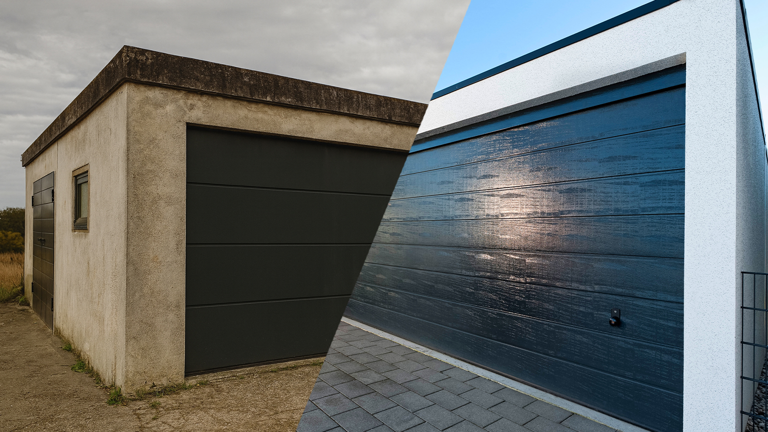 Zweiteilige Gegenüberstellung einer alten verschmutzten Garage vor bewölktem Himmel und einer neuen Fertiggarage mit schwarzem Sektionaltor vor blauem Himmel.