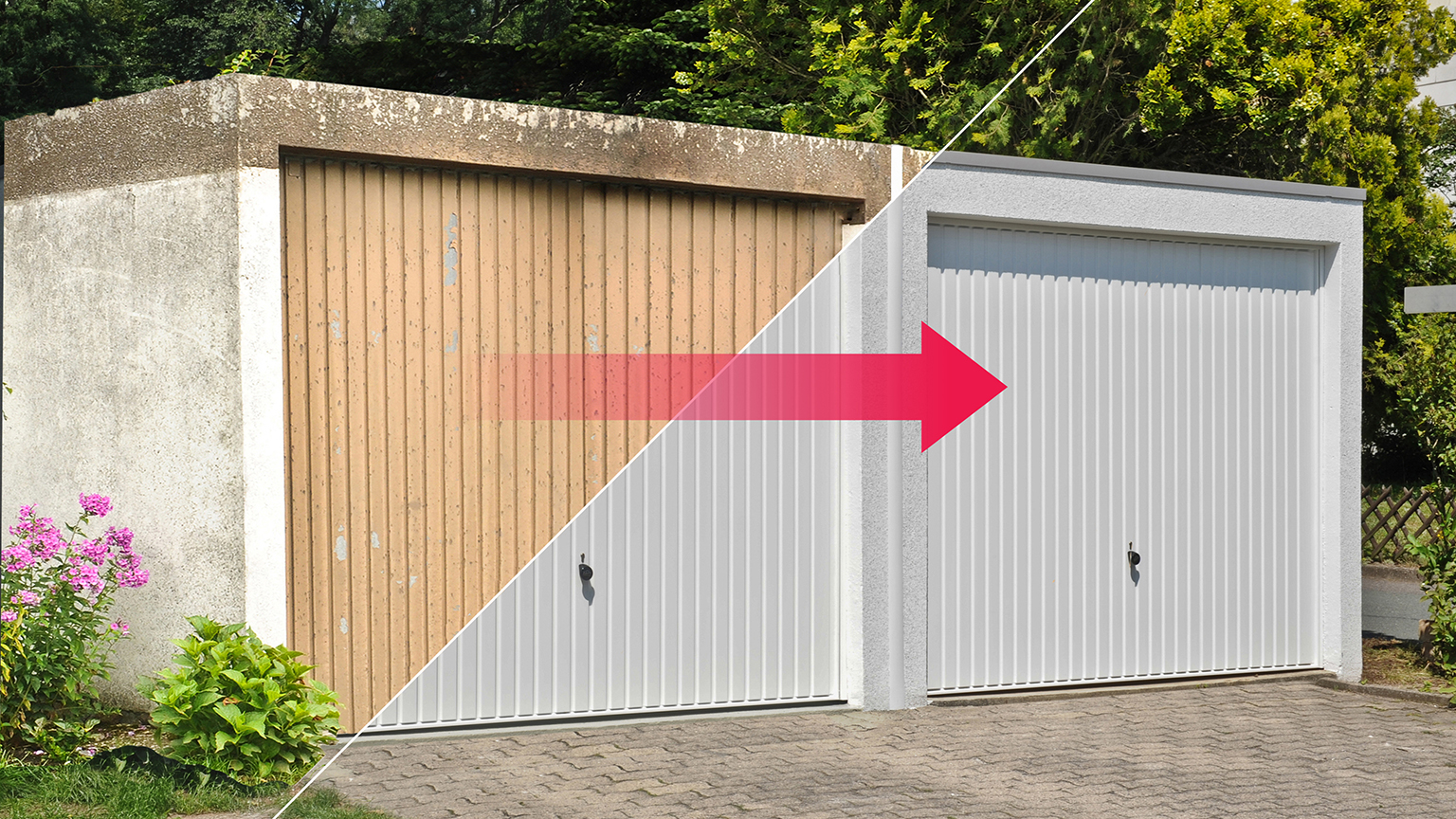 Vorher-Nachher-Vergleich einer Garage, links alt und verwittert, rechts renoviert mit neuem weißen Tor.
