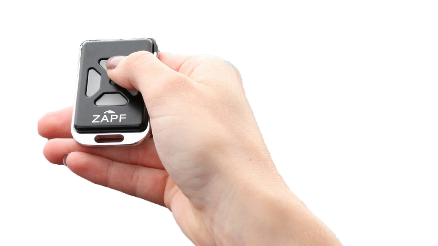 zapf_blog_beitragstitel_schaeden Hand hält schwarzen Garagentoröffner mit ZAPF Logo.