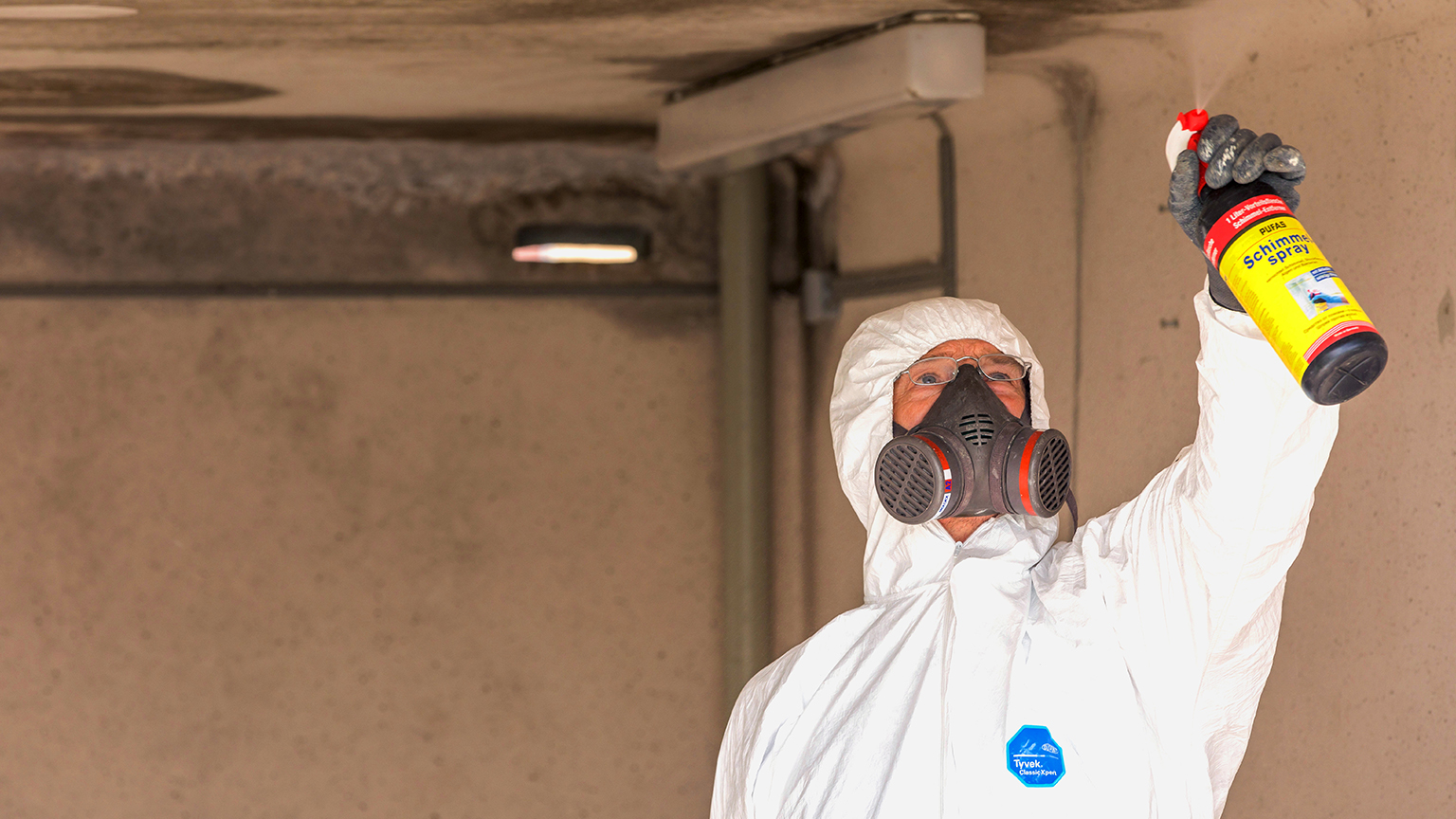 zapf_blog_beitragstitel_stockflecken Person im Schutzanzug sprüht mit Schimmelspray die Decke einer Garage ein.