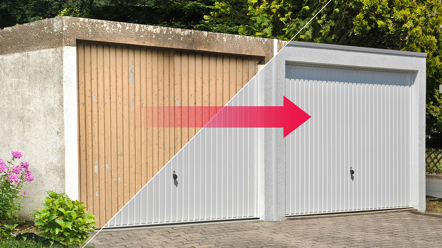 zapf_blog_beitragstitel_vorteile Vergleich einer alten Garage mit verwittertem Tor und renovierter Garage mit neuem weißen Tor, dargestellt durch Vorher-Nachher-Montage.