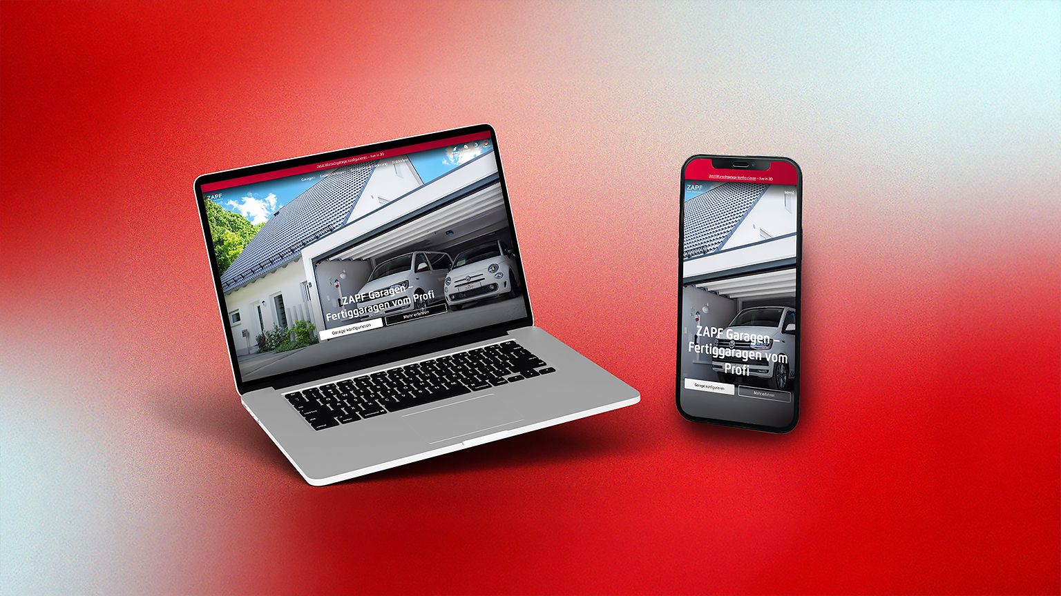 Darstellung der ZAPF Website auf Laptop und Smartphone mit geöffneter Garagenansicht.