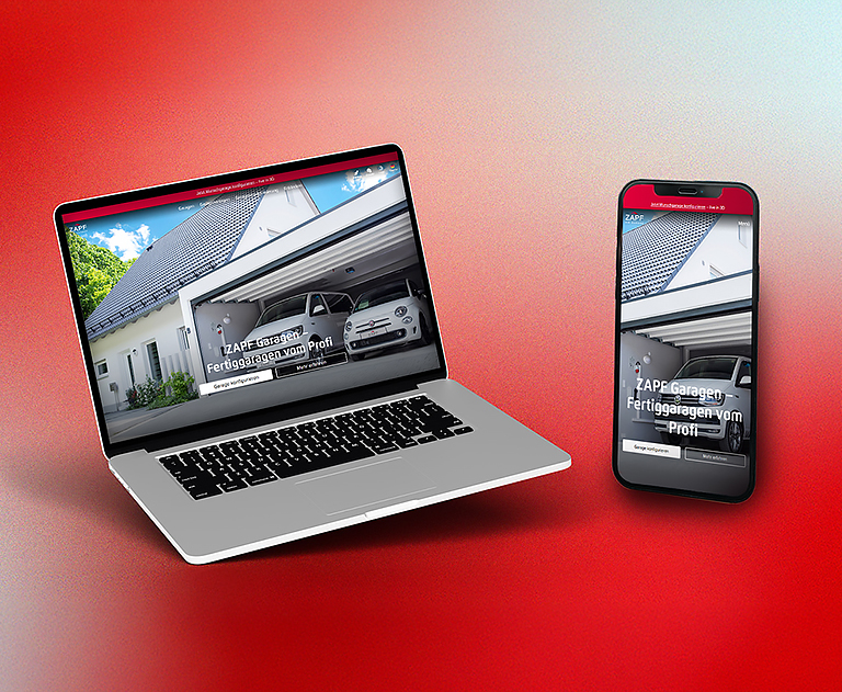 Darstellung der ZAPF Website auf Laptop und Smartphone mit geöffneter Garagenansicht.