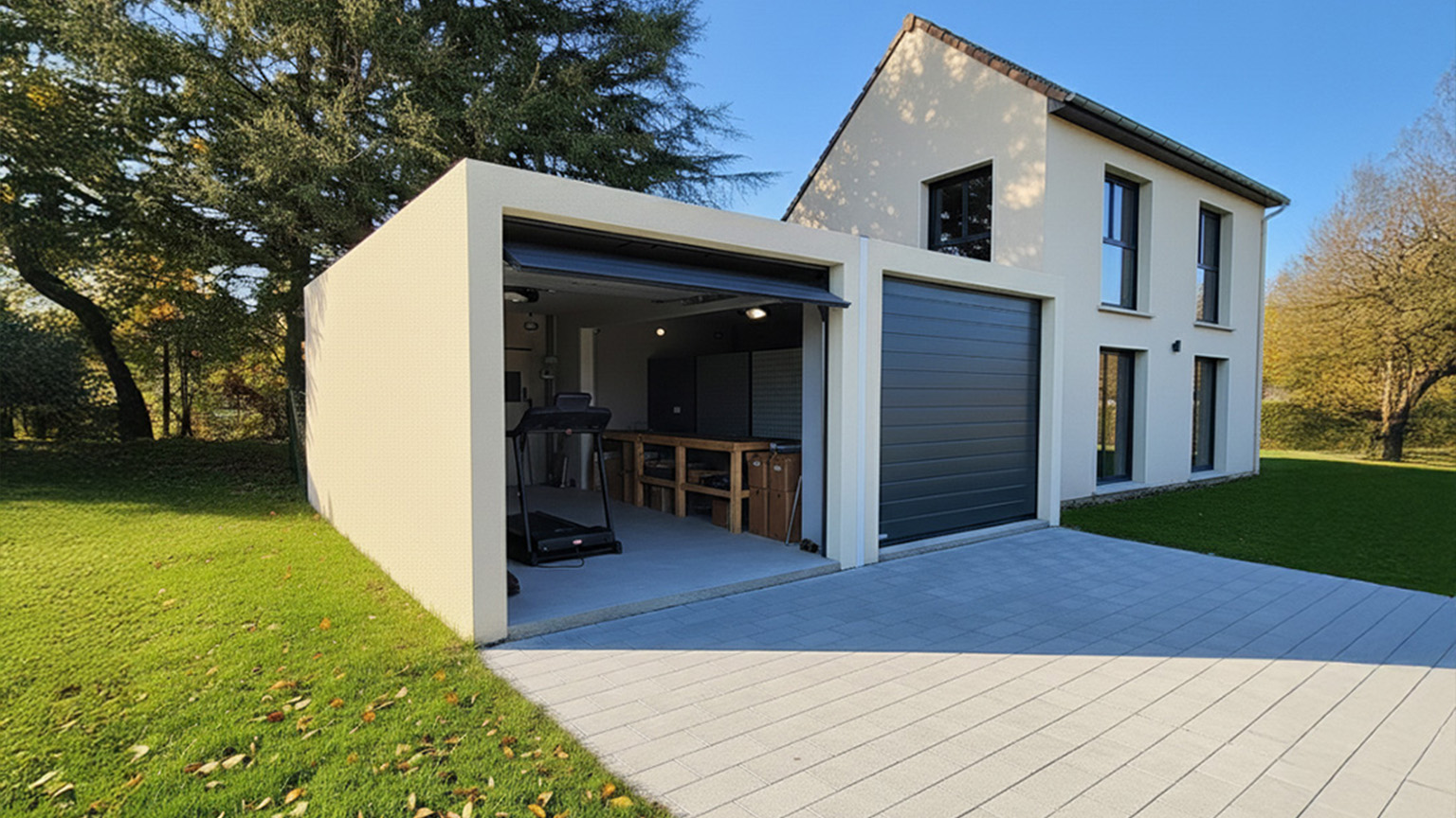 Doppelgarage von ZAPF mit angeschlossenem Haus, modern gestaltet in hellen Farbtönen. Eine der Garagen ist geöffnet und als privates Gym mit Laufband und Werkbank ausgestattet. Die Szene zeigt eine gepflegte Rasenfläche und sonniges Wetter.