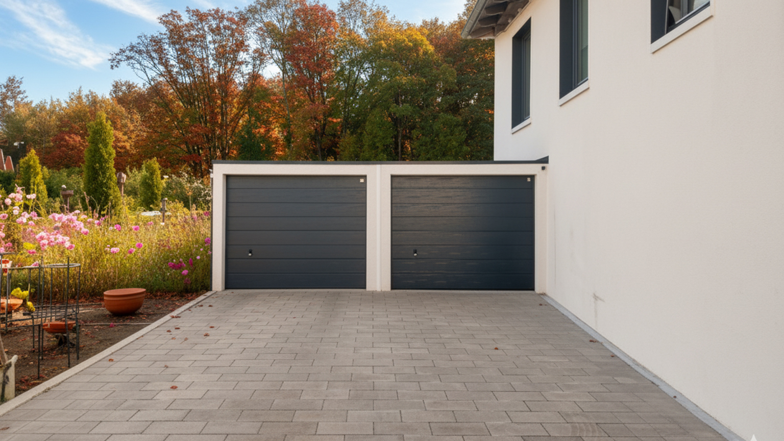 Herbstliche Doppelbetonfertiggarage neben einem Haus