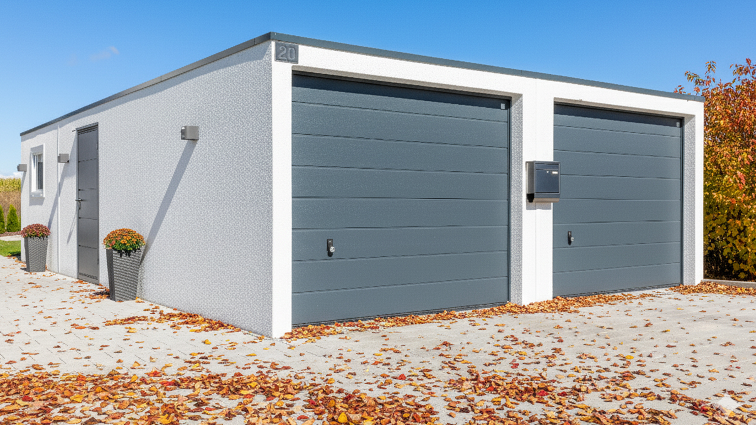 Herbstliche Doppelbetonfertiggarage mit einer Tür