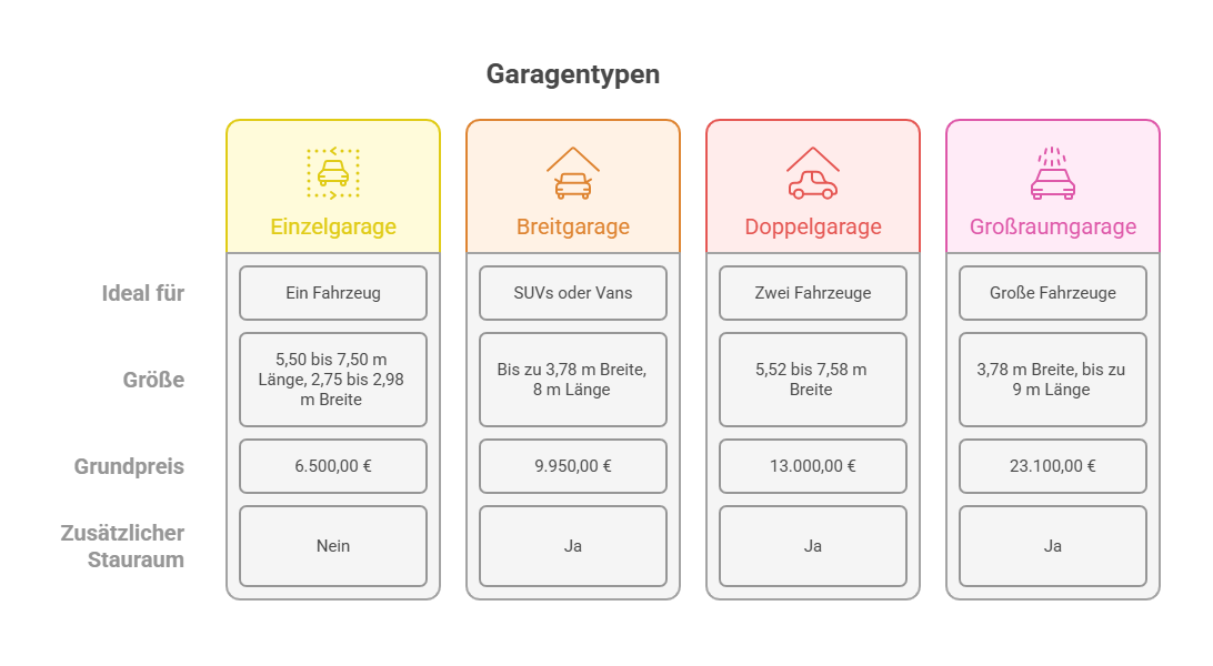 Unsere Garagenmodelle, Preise und Lieferkosten - visual selection Vergleich verschiedener Garagentypen: Einzelgarage, Breitgarage, Doppelgarage und Großraumgarage mit Angaben zu Größe, Preis und Eignung