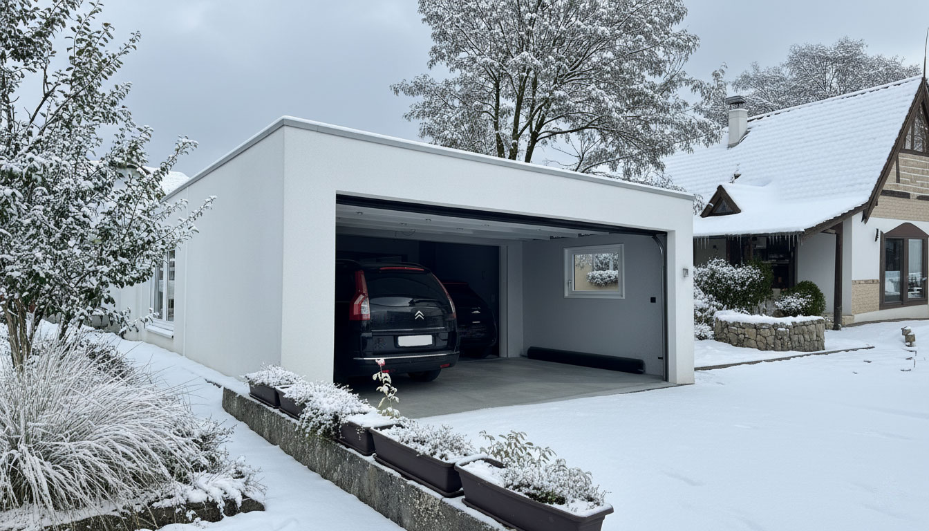 Moderne Großraumgarage aus Beton im Winter mit geöffnetem Tor und zwei geparkten Fahrzeugen