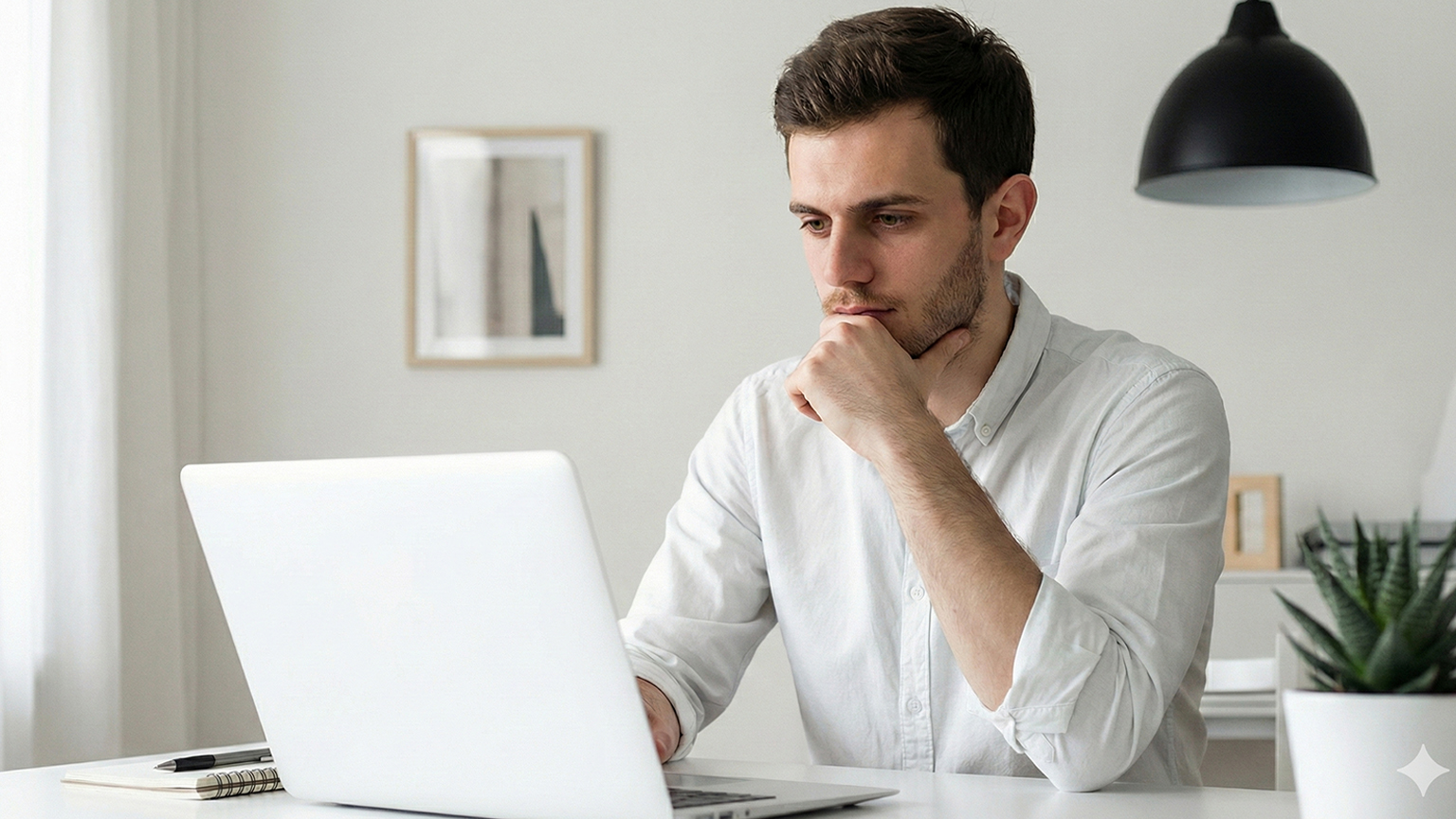 zapf_blog_beitragstitel_garagenmodelle_preise_lieferkosten A man sits intently at his desk, researching information online about his garage, different types of garages and prices.