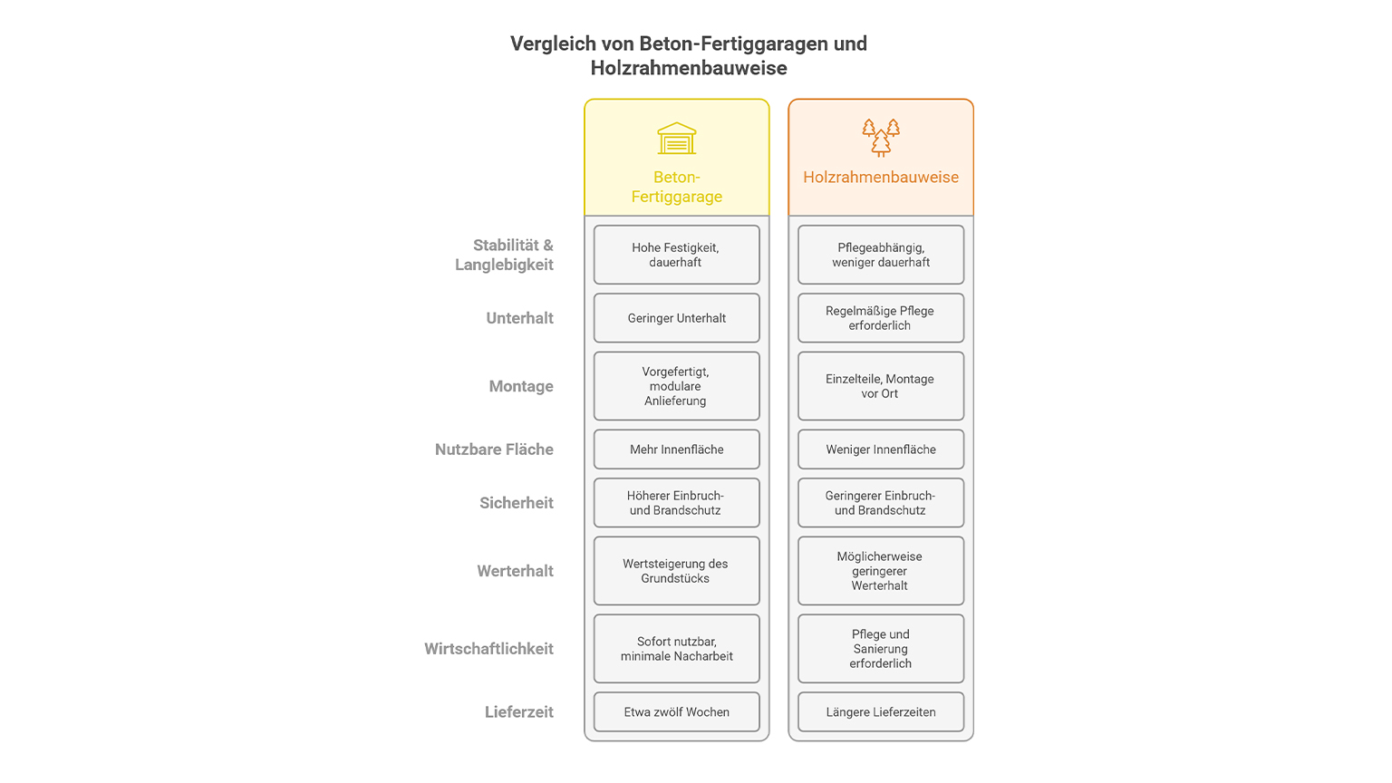Gegenüberstellung von Beton-Fertiggarage und Holzrahmenbauweise: Unterschiede in Stabilität, Unterhalt, Montage, Sicherheit, Wirtschaftlichkeit und Lieferzeit