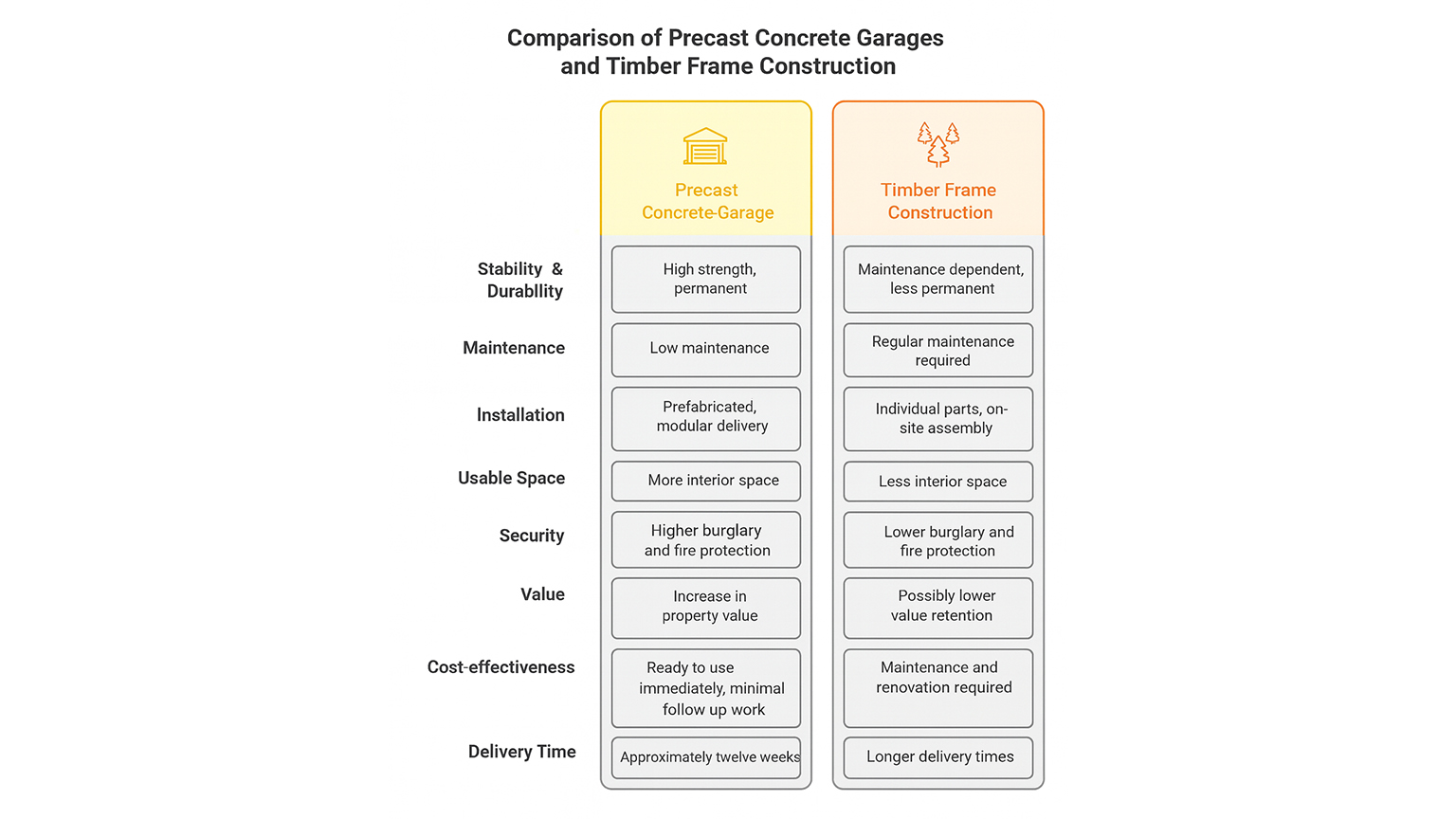 Comparison of prefabricated concrete garages and timber frame construction: differences in stability, maintenance, assembly, safety, cost-effectiveness, and delivery time