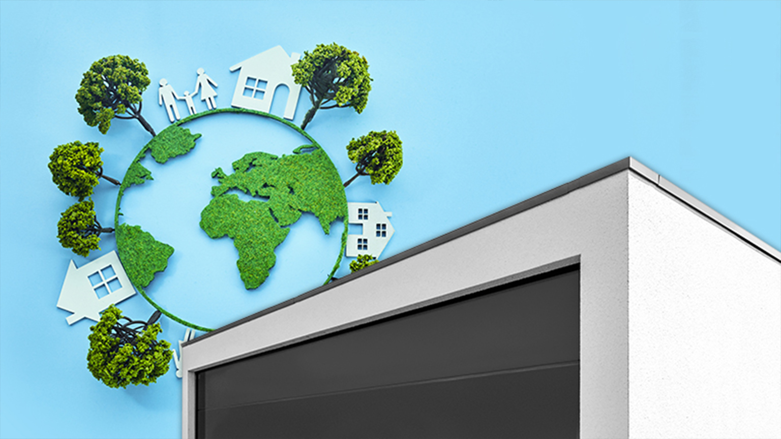 Nachhaltigkeit bei Betonfertiggaragen: Symbolische Darstellung einer grünen Erde mit Bäumen, Häusern und einer Familie über einer modernen Fertiggarage – ZAPF zeigt umweltbewusstes Bauen und energieeffiziente Garagenlösungen.