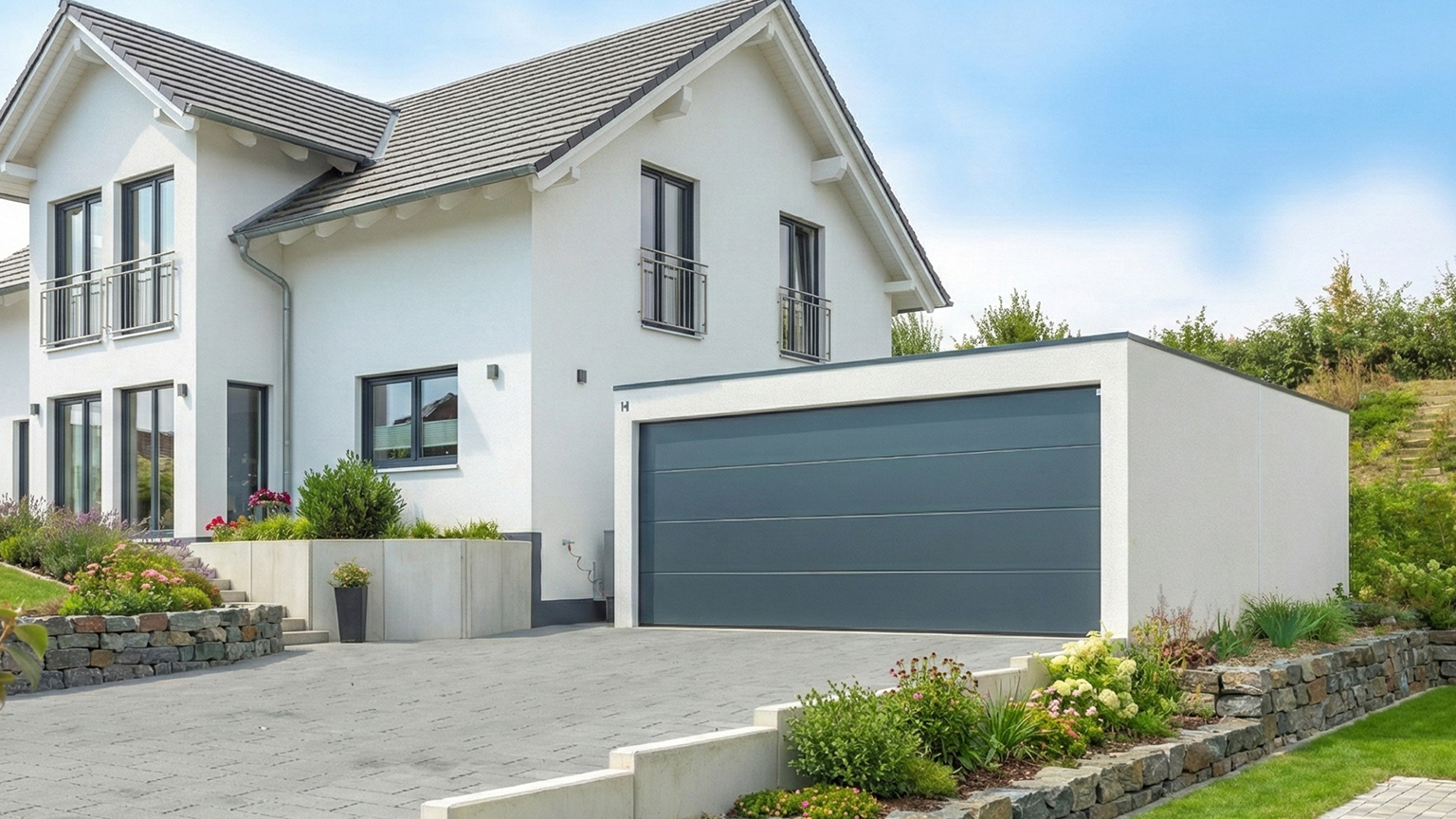 zapf_blog_beitragstitel_landesbauordnung_1 Helles Einfamilienhaus mit freistehender Großraumgarage aus Beton und großem, anthrazitfarbenem Sektionaltor in gepflegter Gartenanlage.