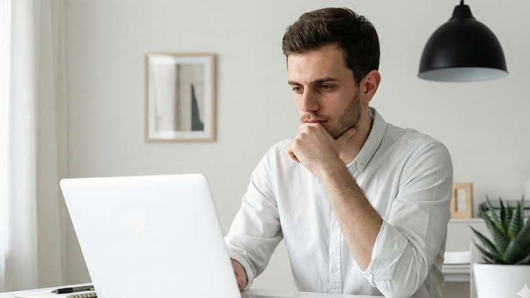 Ein Mann sitzt konzentriert am Schreibtisch und recherchiert online Informationen über seine Garage, verschiedene Garagentypen und Preise.