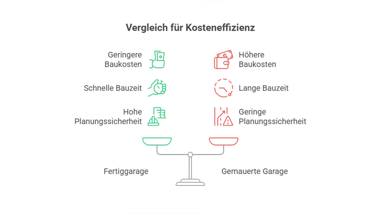 Vergleich der Kosteneffizienz: Fertiggarage und gemauerte Garage Infografik zum Kostenvergleich: Fertiggarage mit geringeren Baukosten, schneller Bauzeit und hoher Planungssicherheit gegenüber gemauerter Garage mit höheren Baukosten, langer Bauzeit und geringer Planungssicherheit.
