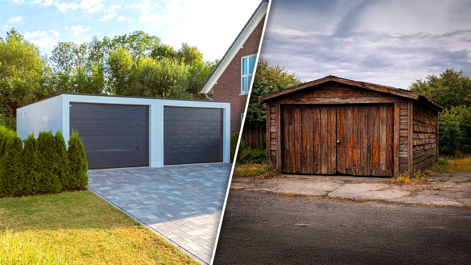 Gegenüberstellung einer Betonfertiggarage und einer Holzgarage Vergleichsbild mit moderner Doppel-Fertiggarage aus Betonfertigteilen mit zwei grauen Sektionaltoren, glatter Fassade und gepflasterter Zufahrt neben einem Wohnhaus, gegenübergestellt einer alten, freistehenden Holzgarage mit verwittertem Holztor, einfacher Bauweise und sichtbaren Gebrauchsspuren, eingebettet in eine grüne Umgebung, von ZAPF Garagen.