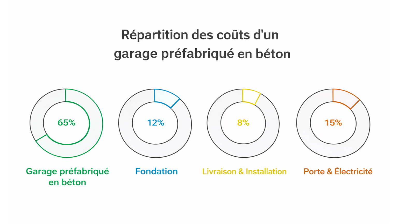 Grafik4_FR Infographie « Répartition des coûts d’un garage préfabriqué en béton » présentant quatre diagrammes circulaires indiquant la répartition en pourcentage des coûts totaux : 65 % garage préfabriqué en béton, 12 % fondation, 8 % livraison et montage, 15 % porte et électricité, représentation claire et structurée sur fond clair, du fabricant ZAPF.