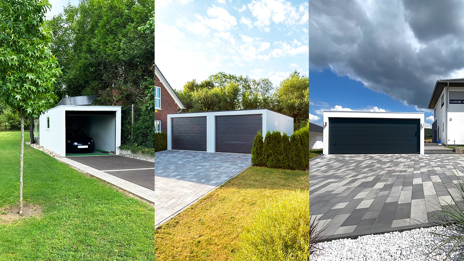 Moderne Betonfertiggaragen mit Sektionaltor – Einzel- und Doppelgarage in zeitgemäßer Architektur von ZAPF Garagen Dreiteilige Bildansicht moderner Betonfertiggaragen: links eine weiße Einzel-Fertiggarage mit offenem Garagentor und Flachdach, eingebettet in eine grüne Gartenlandschaft; mittig eine Doppelgarage mit zwei dunklen Sektionaltoren, hellem Betonrahmen und gepflasterter Zufahrt; rechts eine Einzelgarage mit geschlossenem, dunklem Garagentor, breiter Einfahrt aus Betonpflaster und moderner Wohnbebauung im Hintergrund. Klare Linien, hochwertige Oberflächen und zeitgemäße Architektur, von ZAPF Garagen.
