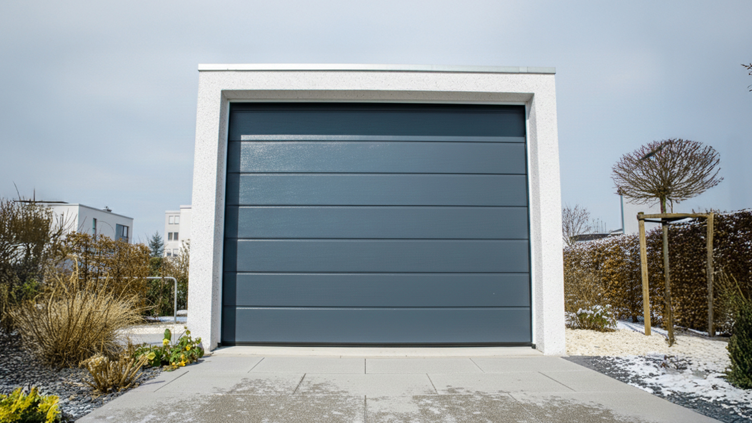 Modern precast concrete garage with grey sectional door Front view of a freestanding precast concrete garage with a white rendered surface and a closed grey sectional door with horizontal panels, set in a modern outdoor area with paved driveway and landscaped surroundings, by ZAPF.
