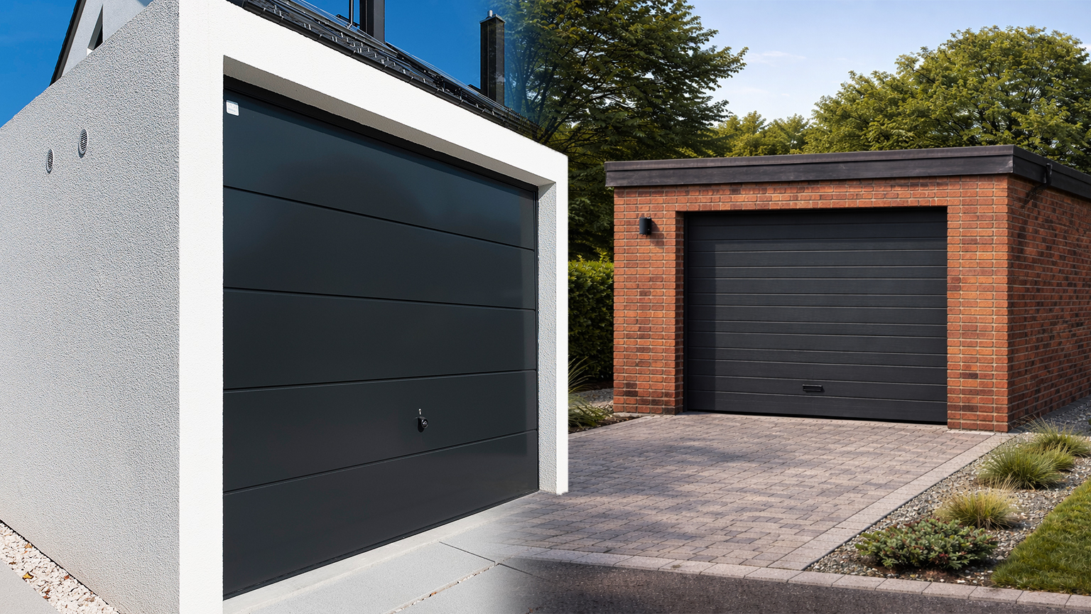 Modern single garages with dark sectional doors and different facade designs Two freestanding single garages with closed dark grey sectional doors, on the left a precast concrete garage with a light rendered facade, on the right a garage with a red brick facade, each with paved driveway and landscaped surroundings, by ZAPF.