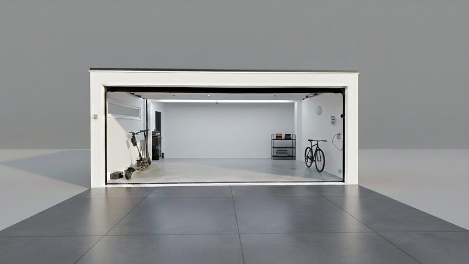 zapf_blog_beitragstitel_Garagenverordnung Grand garage ZAPF avec fond gris et objets à ranger.