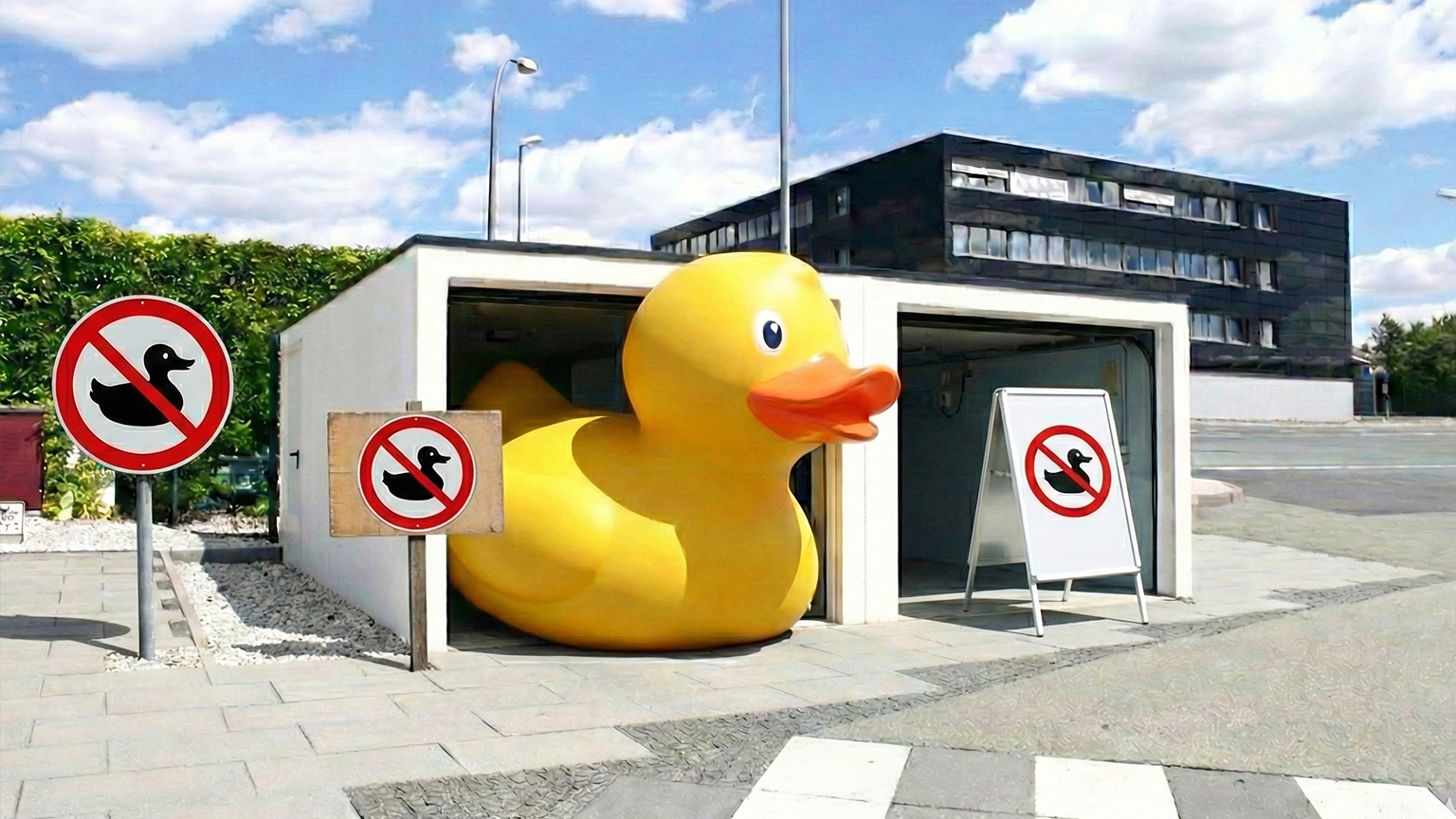 Fertiggarage mit übergroßer gelber Ente und Verbotsschildern Weiße Betonfertiggarage mit geöffnetem Garagentor, in der eine überdimensionale gelbe Kunststoffente steht, davor mehrere Schilder mit durchgestrichener Ente als Verbotssymbol, auf gepflasterter Fläche im Außenbereich von ZAPF Garagen