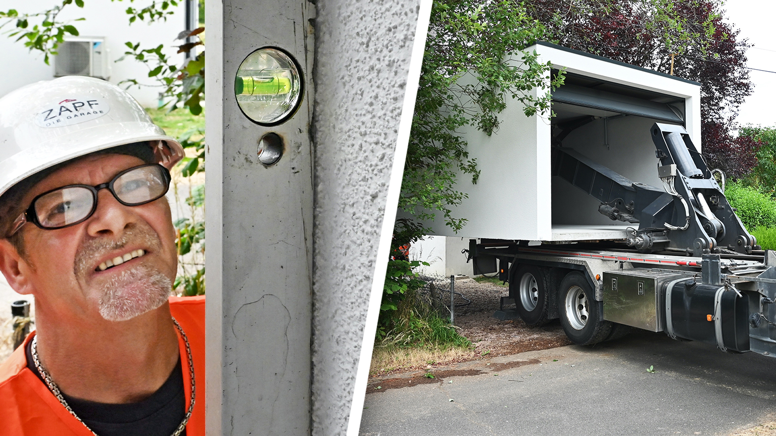Montage und Ausrichtung einer Betonfertiggarage Geteilte Darstellung mit Monteur im Schutzhelm neben einer Wasserwaage an der Garagenwand sowie einer per Lkw angelieferten und positionierten Betonfertiggarage mit geöffnetem Garagentor im Außenbereich, professionelle Montage von ZAPF Garagen