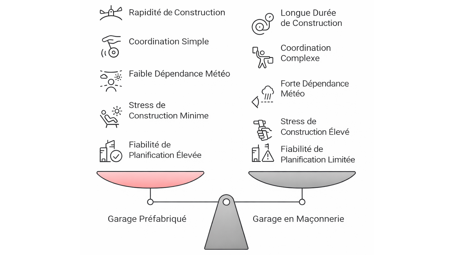 zapf_blog_beitragstitel_lahme_ente3_grafik_FR Illustration comparative avec une balance opposant un garage préfabriqué à un garage maçonné, à gauche des avantages comme un temps de construction rapide, une coordination simple, une faible dépendance aux conditions météorologiques, un stress de chantier minimal et une grande sécurité de planification, à droite un temps de construction long, une coordination complexe, une forte dépendance à la météo, un stress de chantier élevé et une sécurité de planification limitée, représentation claire à l’aide de pictogrammes par ZAPF Garagen