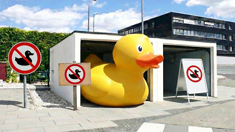Weiße Betonfertiggarage mit geöffnetem Garagentor, in der eine überdimensionale gelbe Kunststoffente steht, davor mehrere Schilder mit durchgestrichener Ente als Verbotssymbol, auf gepflasterter Fläche im Außenbereich von ZAPF Garagen