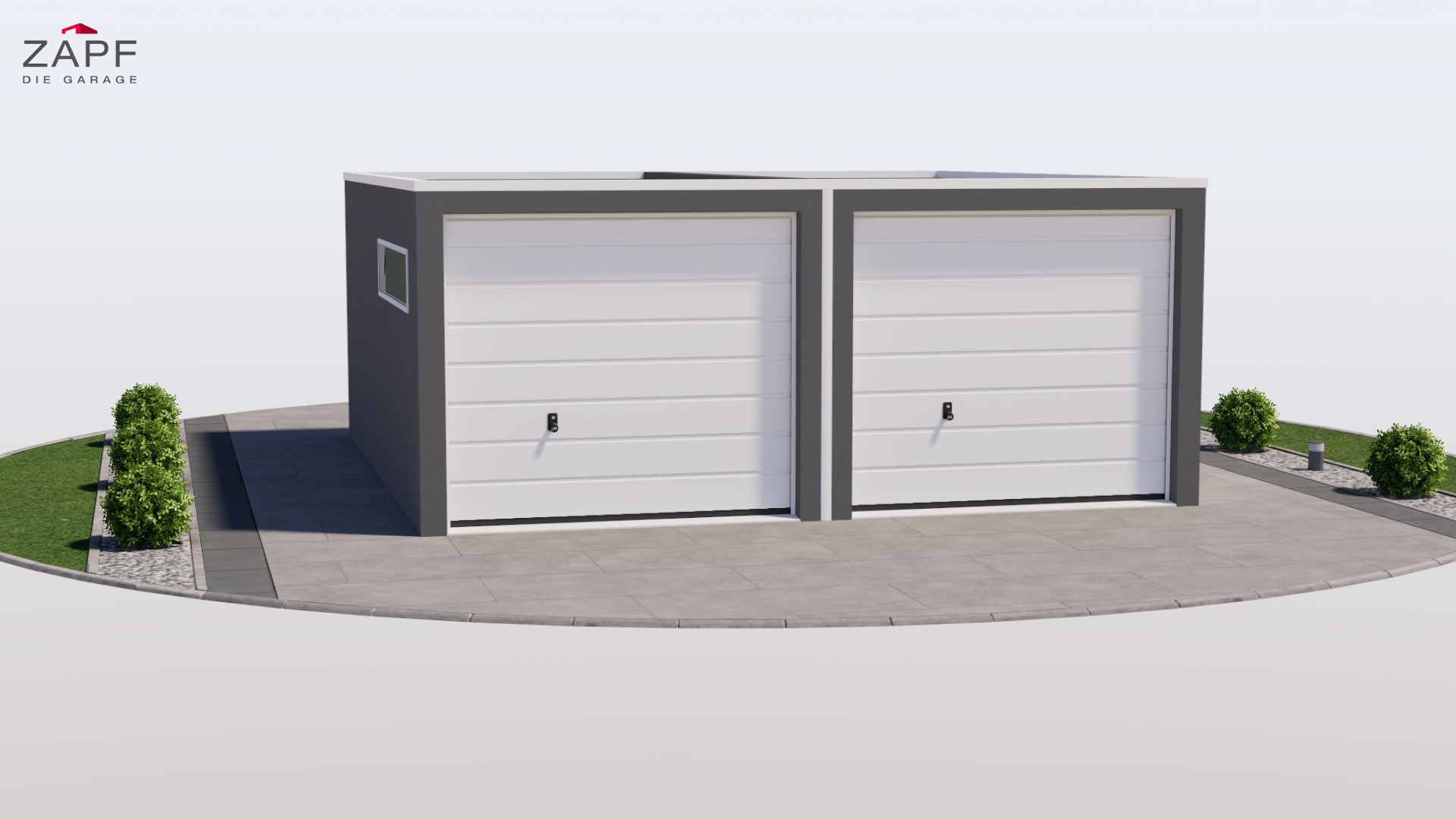 ZAPF Konfigurator Doppelgarage Visualisierung einer modernen Betonfertig-Doppelgarage mit zwei weißen Sektionaltoren, klarer Linienführung und Flachdach. Die Garage ist in einer neutralen Umgebung dargestellt und zeigt die konfigurierbare Gestaltung einer Doppelgarage im ZAPF Konfigurator, von ZAPF Garagen.